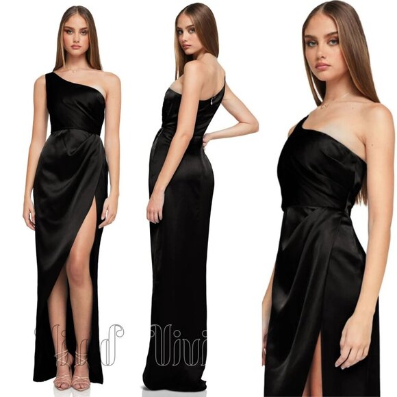New! Nookie Virtue Black Satin One Shoulder Long Gown Maxi Dress 37680 - Picture 1 of 12